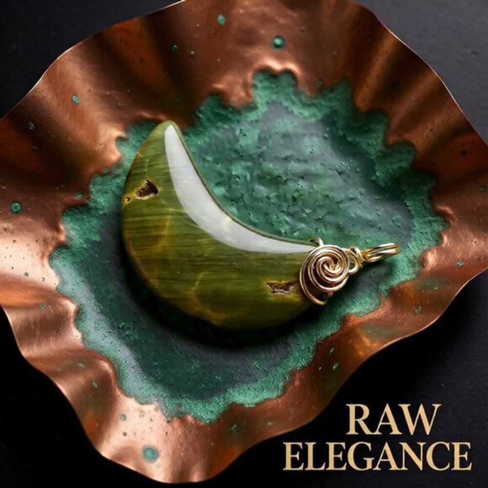 Genuine Jasper Moon Pendant - Hunter Sage Green - Wire Wrapped - Moon Goddess